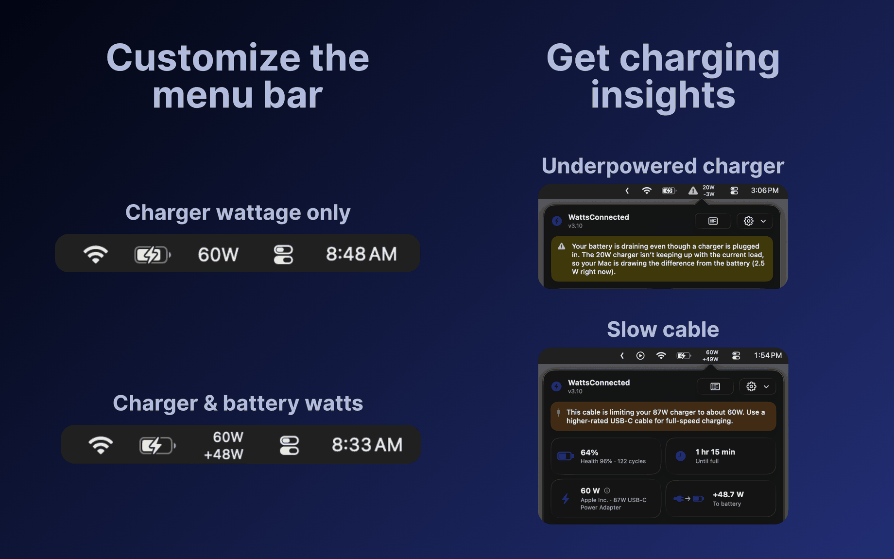 WattsConnected warning for an underpowered charger that can't keep up with your Mac's power draw, and a separate warning for a slow USB-C cable limiting a charger's rated wattage.