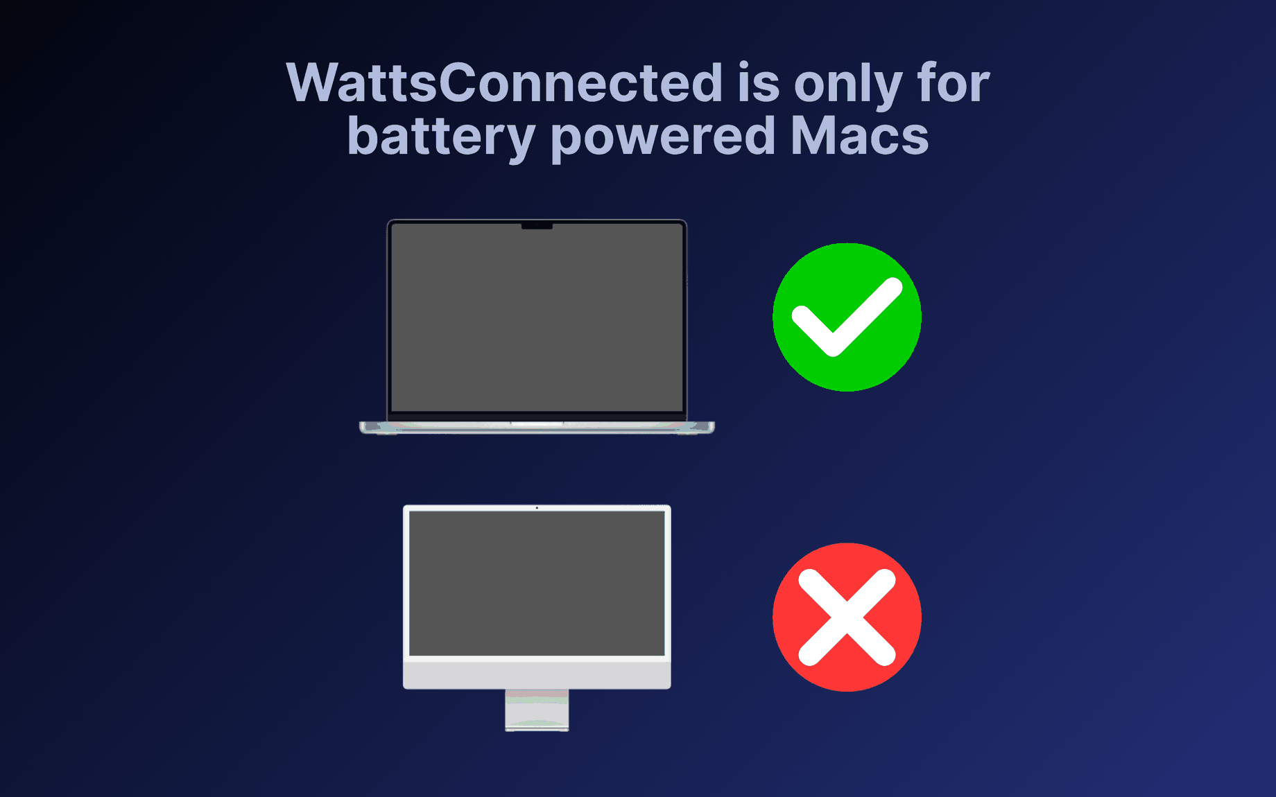 WattsConnected works on battery-powered MacBooks; it isn't compatible with desktop Macs like iMac, Mac mini, Mac Studio, or Mac Pro.